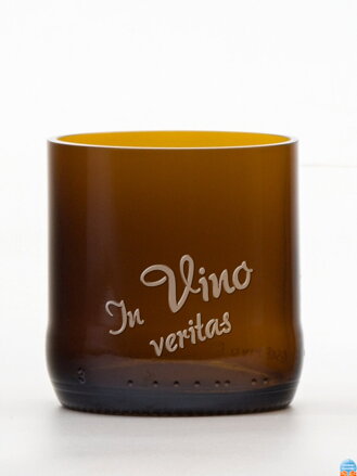 2ks Eko poháre (z fľaše od piva) malá hnedá (7 cm, 6,5 cm) In vino veritas