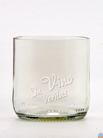 2ks Eko poháre (z fľaše od piva) malá číra (7 cm, 6,5 cm) In vino veritas