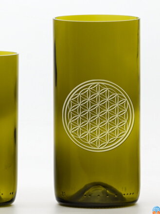 2 Stück Öko-Gläser (aus einer Weinflasche) große Olive (16 cm, 7,5 cm) Motiv Blume des Lebens