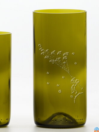 2ks Eko pohára (z fľaše od vína) veľká olivová (16 cm, 7,5 cm) Malý princ - Leť!