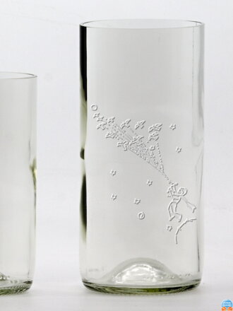 2ks Eko pohára (z fľaše od vína) veľká číra (16 cm, 7,5 cm) Malý princ - Leť!