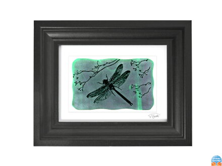 Vážka - zelené vitrážové sklo v ráme 13 x 18 cm ( pasparta 10 x 15 cm )