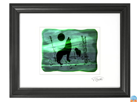 Wolf - grüne Glasmalerei in schwarzem Rahmen 30 x 40 cm (Passepartout 21 x 30 cm)