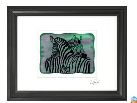 Zebra - zelené vitrážové sklo v čiernom ráme 30 x 40 cm ( pasparta 21 x 30 cm )