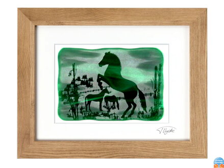 Pferde - grüne Glasmalerei in braunem Rahmen 30 x 40 cm (Passepartout 21 x 30 cm)