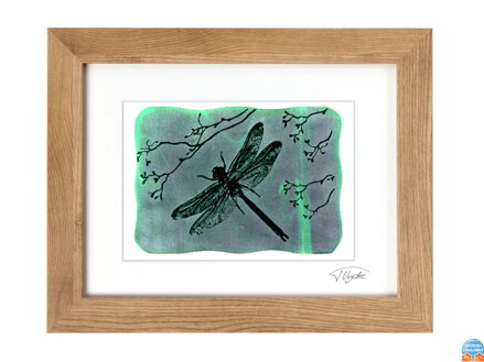 Vážka - zelené vitrážové sklo v hnedom ráme 30 x 40 cm ( pasparta 21 x 30 cm )