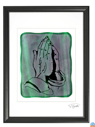 Modlící ruce - zelené vitrážové sklo v černém rámu 50 x 70 cm ( pasparta 40 x 50 cm )