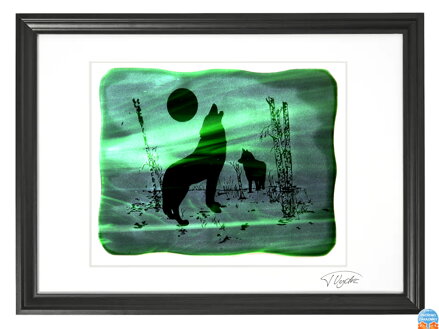 Vlk - zelené vitrážové sklo v čiernom ráme 50 x 70 cm ( pasparta 40 x 50 cm )
