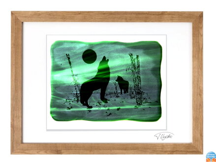 Vlk - zelené vitrážové sklo v hnedom ráme 50 x 70 cm ( pasparta 40 x 50 cm )