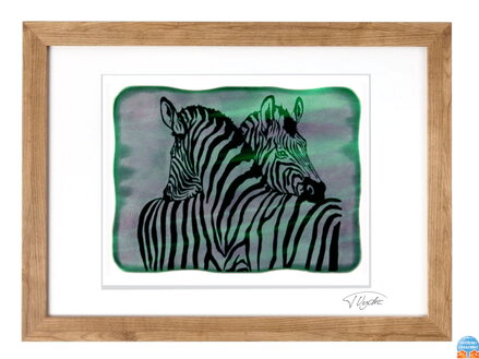 Zebra - grüne Glasmalerei in braunem Rahmen 50 x 70 cm (Passepartout 40 x 50 cm)