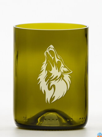 2ks Eko sklenice (z lahve od vína) střední olivová (13 cm, 7,5 cm) motiv Vlk