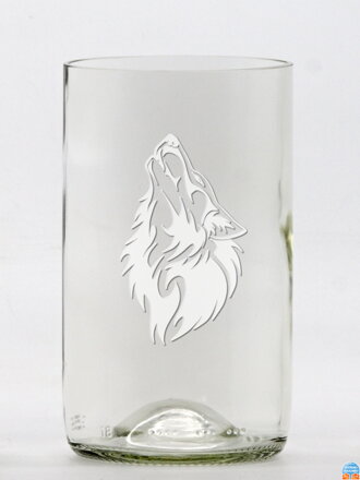 2ks Eko poháre (z fľaše od vína) stredná číra (13 cm, š 7,5 cm) motív Vlk