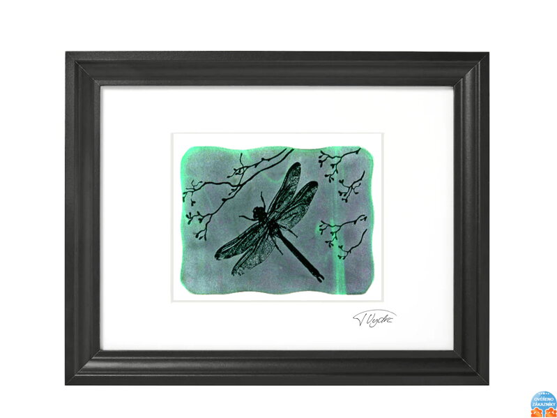 Vážka - zelené vitrážové sklo v ráme 30 x 40 cm ( pasparta 21 x 30 cm )