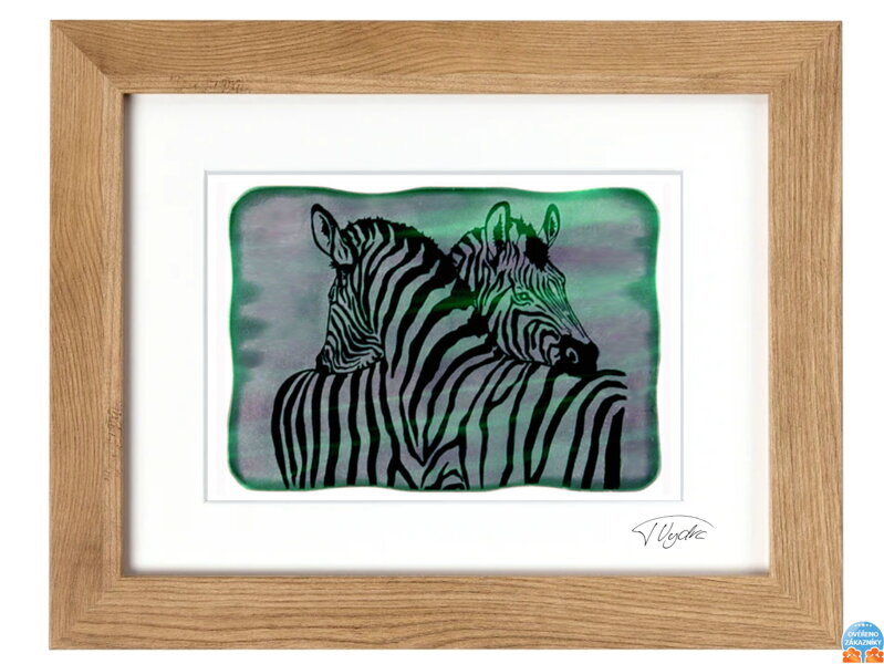 Zebra - zelené vitrážové sklo v hnědém rámu 30 x 40 cm ( pasparta 21 x 30 cm )