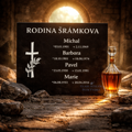 V11. Černá náhrobní skleněná deska s křížem a nápisem "RODINA" a jmény -