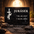 V27. Černá náhrobní skleněná deska křížkem s ratolestí a nápisem
