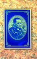 Vzor č.3 GoldFotoglass - náhrobní skleněná deska s modro zlatým titánovým potiskem s 1x portrétem 