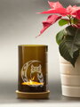 Eulenmotiv - Upcycled Flaschenkerzenhalter braun 13 cm - Korkfuß und Teelicht, verpackt in einer Zellophantüte