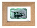 Potáplica, Loons - zelené vitrážové sklo v hnedom ráme 13 x 18 cm ( pasparta 10 x 15 cm )