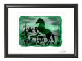 Koně- zelené vitrážové sklo v černém rámu 50 x 70 cm ( pasparta 40 x 50 cm )
