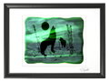 Vlk - zelené vitrážové sklo v čiernom ráme 50 x 70 cm ( pasparta 40 x 50 cm )