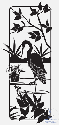 Dekorativní pískovaná tabule skla do okna, skříní nebo dveří ( volavka a příroda )