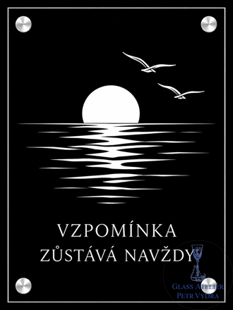 V 43. Černá náhrobní skleněná deska s obrázkem zapadajícího slunce na jezeře