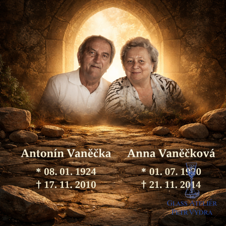 Obraz na akrylátovém skla - náhrobní deska s obrázkem, nápisem atd černobílá verze