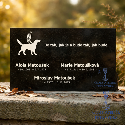 V22. Černá náhrobní skleněná deska se siluetou psa a nápisy 