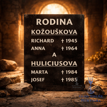 V25. Černá náhrobní skleněná deska s Rodina a nápisem jmen