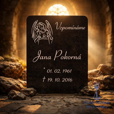 V29. Černá náhrobní skleněná deska s andělem, textem "Vzpomínáme" a jménem 