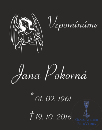 V29. Černá náhrobní skleněná deska s andělem, textem "Vzpomínáme" a jménem  V29. Černá náhrobní skleněná deska s andělem, textem "Vzpomínáme" a jménem