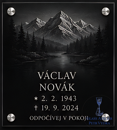 V34. Černá náhrobní skleněná deska s obrázkem jezero a hory