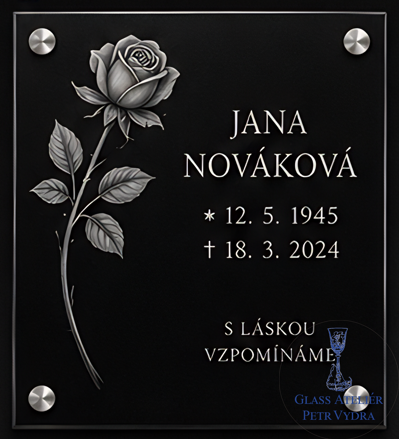 V 48. Černá náhrobní skleněná deska s obrázkem růžičky a nápisem