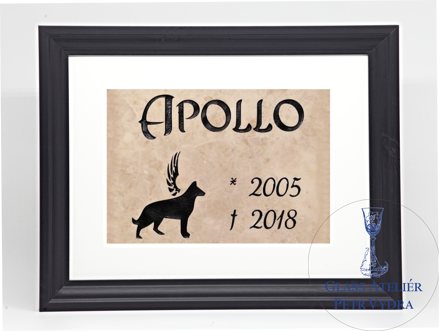Pietní zvířecí pomníček - glazurovaná dlaždice v rámu 30 x 40 cm (pasparta 21 x 30 cm), silueta psa černá, nápis černý Pietní zvířecí pomníček - glazurovaná dlaždice v rámu 30 x 40 cm (pasparta 21 x 30 cm), silueta psa černá, nápis černý