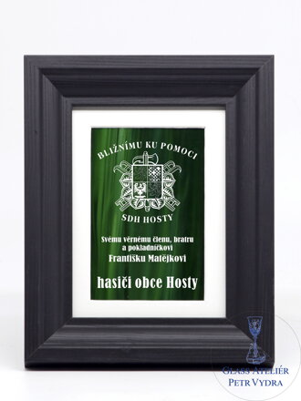 Firmenlogo - grünes Buntglas im Rahmen 13 x 18 cm (Passepartout 10 x 15 cm)