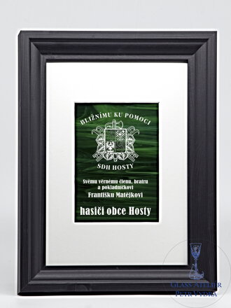 Firmenlogo - grüne Glasmalerei im Rahmen 21 x 30 cm (Passepartout 13 x 18 cm)