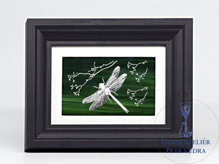 Libelle - grüne Glasmalerei im Rahmen 13 x 18 cm (Passepartout 10 x 15 cm)