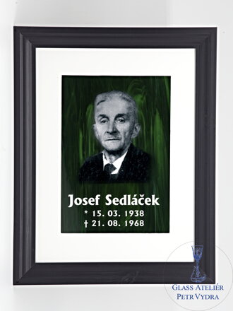 Ehrfurchtsmalerei - grüne Glasmalerei im Rahmen (Foto und Beschriftung) - 30 x 40 cm (Passepartout 21 x 30 cm)
