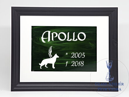 Pietní obraz - zelené vitrážové sklo v rámu - nápis a silueta psa, 30 x 40 cm (pasparta 21 x 30 cm)