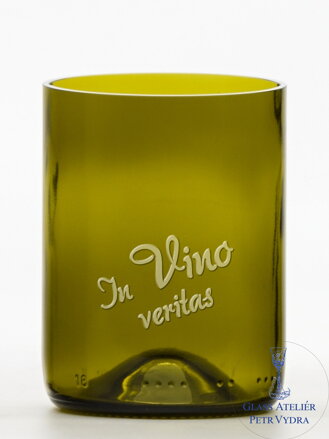 2ks Eko sklenice (z lahve od vína) malá olivová (10 cm, 7,5 cm) In vino veritas