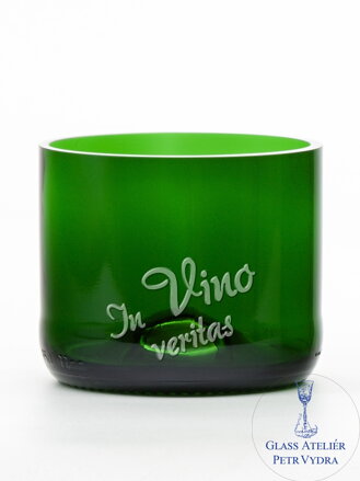 2ks Eko sklenice (z lahve od šampusu) malá zelená (7 cm, 7,5 cm) In vino veritas
