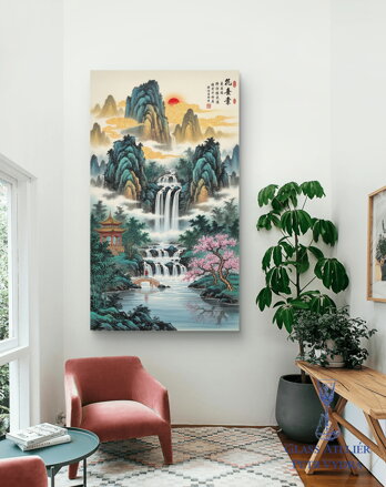 Acrylglasmalerei  – Digitales Design Feng Shui Goldener Wasserfall