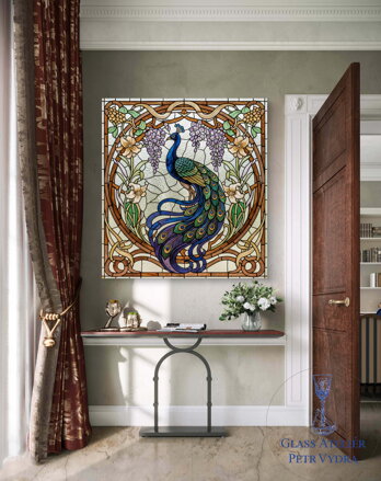 Fotoleinwand – Pfau im Jugendstil, Buntglas-Motiv