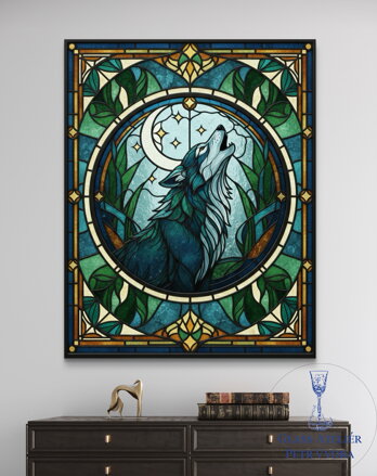 Fotoleinwand – Wolfsmotiv im Jugendstil, rechteckig, inspiriert von Glasmalerei.