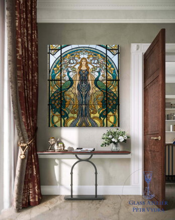 Fotoleinwand – Gemälde im Jugendstil, Glasmalerei: Frau mit Pfauen