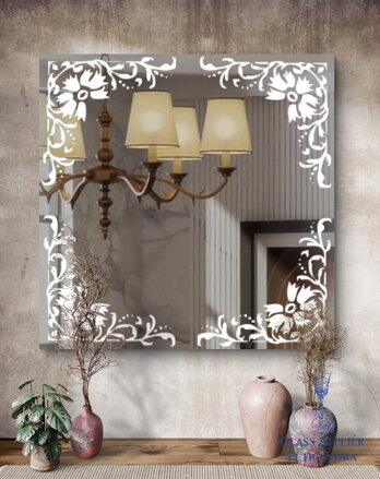 Dekorativní pískované zrcadlo s broušenou hranou a motivem ( vzor 2 - čtverec)