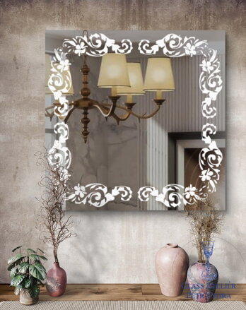 Dekorativní pískované zrcadlo s broušenou hranou a motivem ( vzor 3 - čtverec)