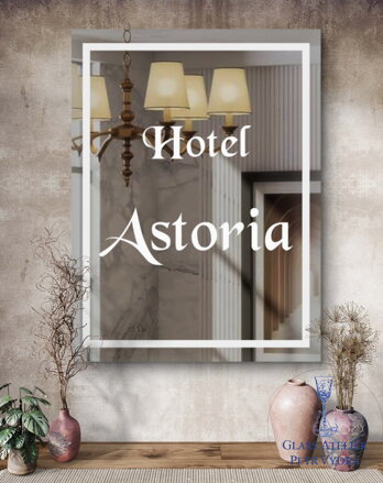 Dekorativní pískované zrcadlo s broušenou hranou a motivem ( vzor  nápis nebo logo firmy- obdelník )