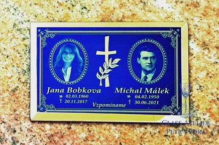 Vzor č.4 GoldFotoglass - náhrobní skleněná deska s modro zlatým titánovým potiskem s 2x portrétem a nápisem